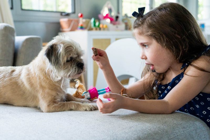 little girl teasing puppy with a treat