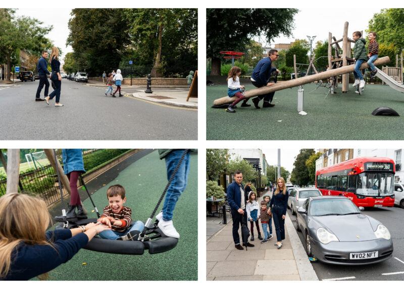 Children playing during a London family photo session at a local playground