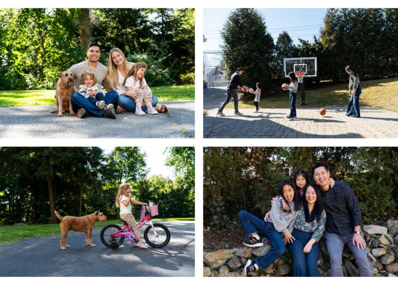 Group of photos featuring families laughing together outside during a lifestyle family photography session.
