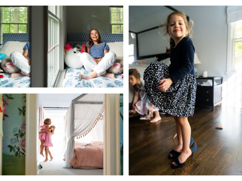 Photos of kids playing during natural photo sessions at home.